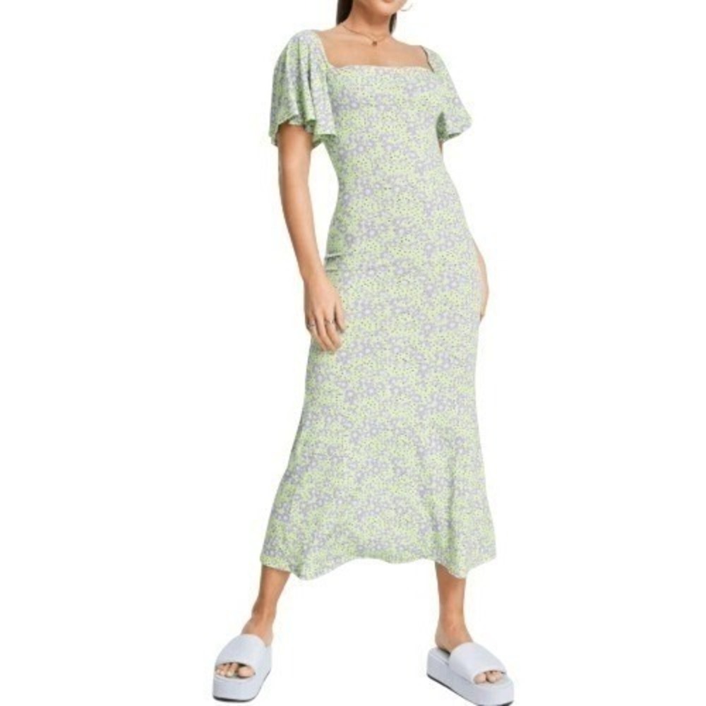 ASOS DESIGN Tall Green Purple Daisy Flutter Midi Dress 8